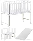 Dedstore-Baby Babybett mit Matratze 90x40 cm Höhenverstellbar - Babybett Komplett Set - Beistellbett Weiß - Bett - Kinderbett - absenkbare Seite (Babybett mit Gitterstäben) Mobil