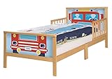 roba Toddler-Themenbett 'Car' - Komfortables Holzbett 70x140cm in Buche natur mit Feuerwehr-Motiv - Seitengitter für extra Schutz - Inklusive Bettwäsche und Lattenrost