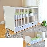 Marsell Baby Gitterbett mit Schublade mit Deckel Babybett Kinderbett mit Aloe Vera Schaumstoffmatratze Zahnschienen höhenverstellbar Weiß umbaubar zum Juniorbett