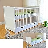 Marsell Baby Gitterbett mit Schublade mit Deckel Babybett Kinderbett mit Aloe Vera Schaumstoffmatratze Zahnschienen höhenverstellbar Weiß umbaubar zum Juniorbett